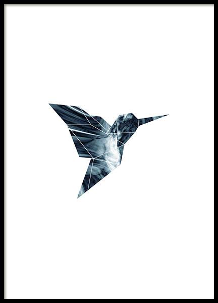 Graphic poster of a bird. Print with a black frame in blue colours