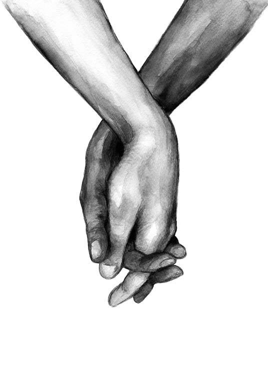 – Black and white watercolour illustration of a pair of hands holding each other