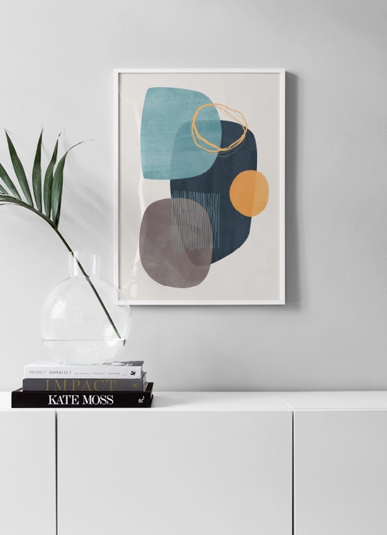  – Abstract graphic art with abstract shapes in blue and orange on a beige background