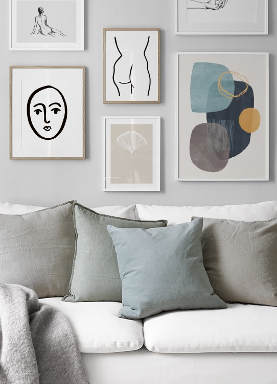  – Abstract graphic art with abstract shapes in blue and orange on a beige background