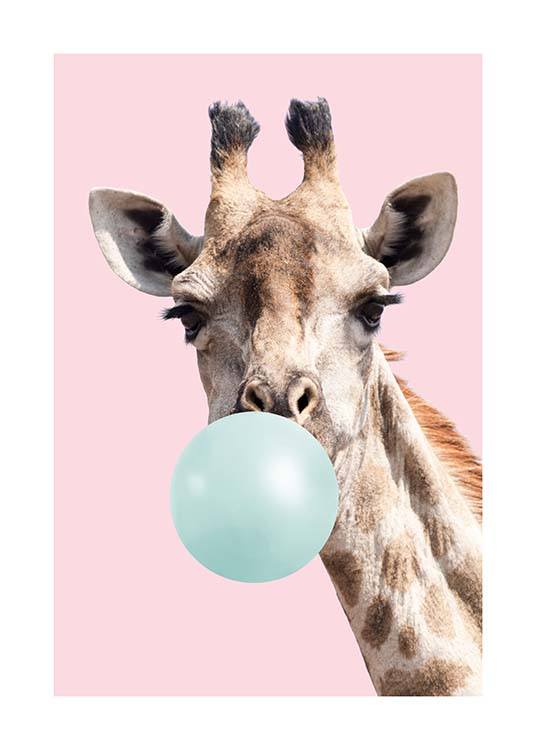  – Animal print with a giraffe with a blue bubblegum in its mouth on a pink background