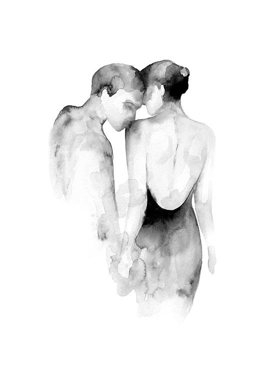  – Black and white watercolour illustration of a woman being kissed on the shoulder by a man