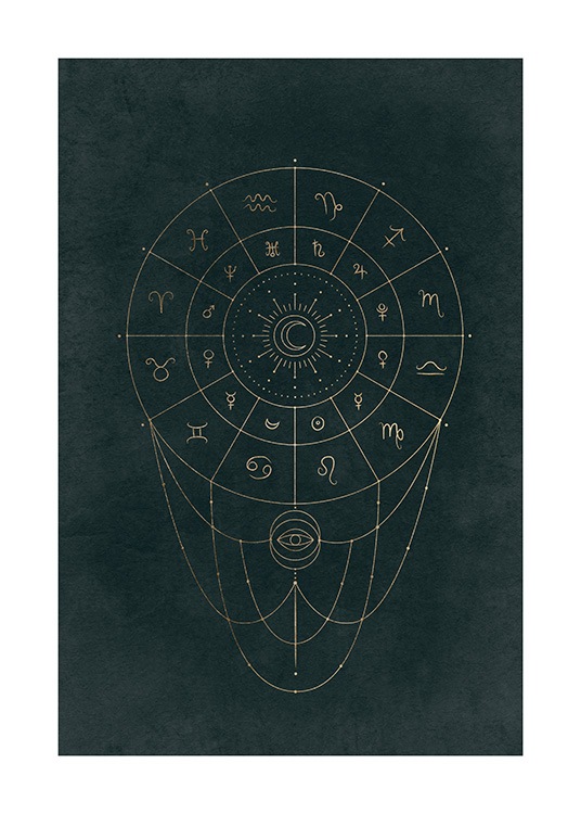  – Graphical illustration with a gold circle and astronomical signs