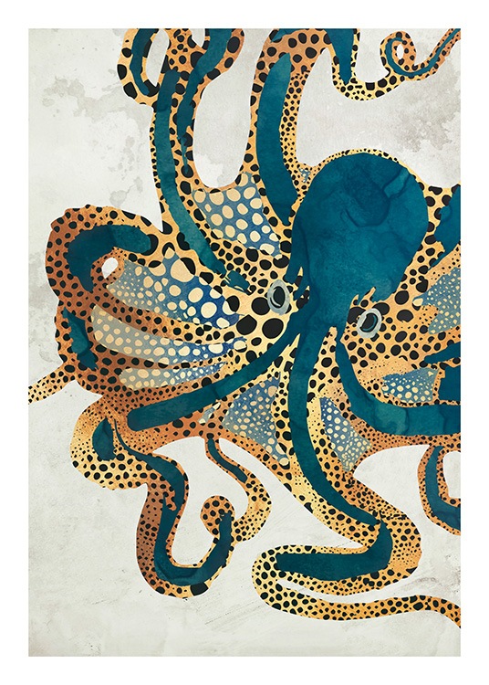  - Graphical illustration of an orange and blue octopus against a beige background