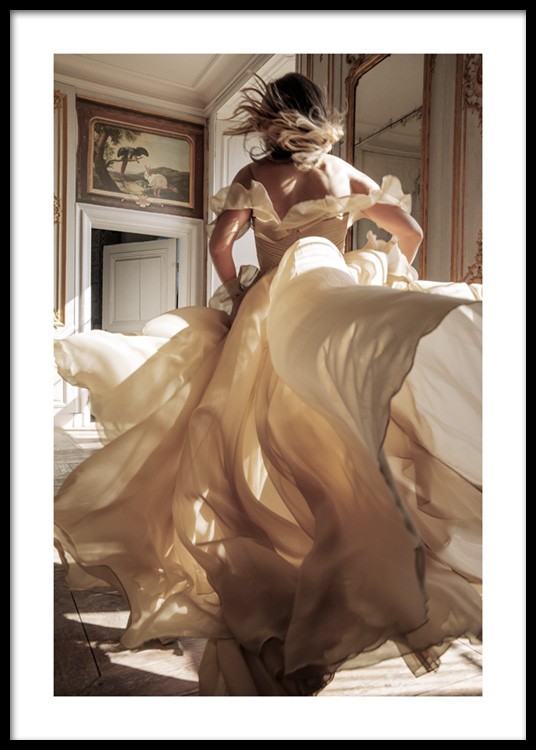  – Photograph of a woman running through a room in a beige dress, with a painting and mirrors in the background