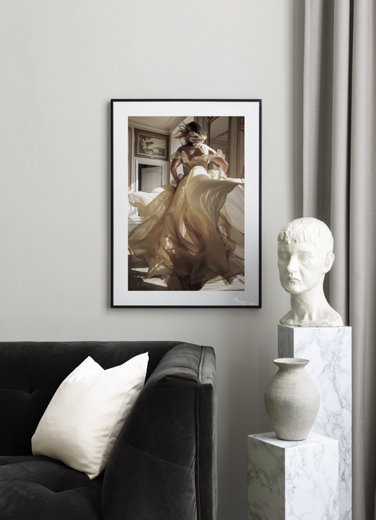  – Photograph of a woman running through a room in a beige dress, with a painting and mirrors in the background