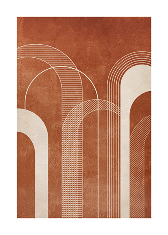  – Graphic illustration with light beige arches with lines, on a patchy, terracotta background