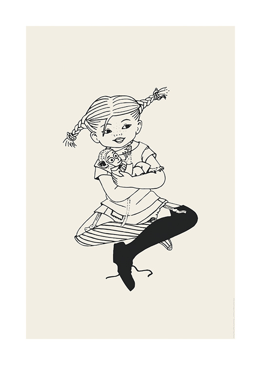 – Illustration of the Pippi Longstocking sitting with crossed legs and her monkey in her arms