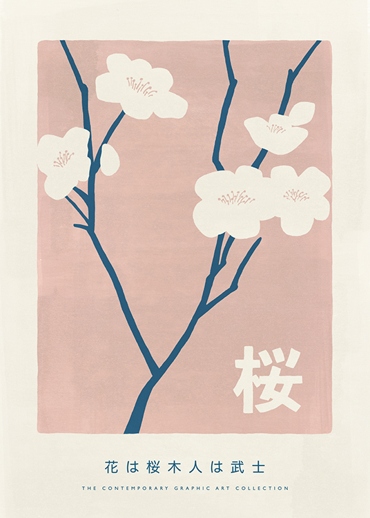  – Illustration with flowers in light beige on blue stems against a pink background, with text underneath
