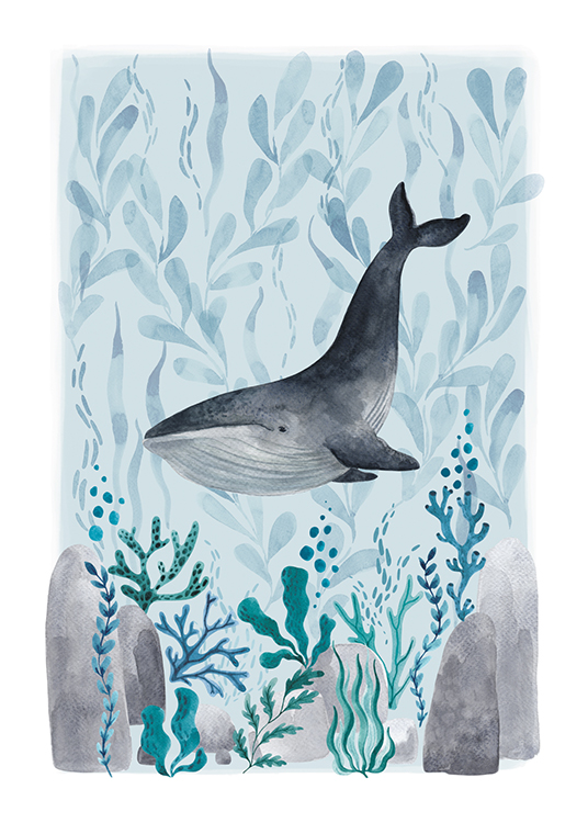  – Illustration in watercolour of a whale swimming between blue and green plants, on a blue background