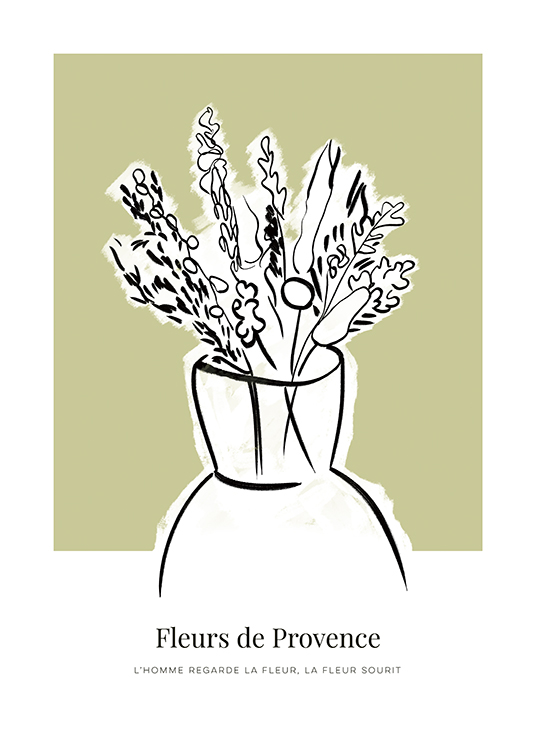  – Illustration of white, wild flowers in a vase with black outlines, against a green background