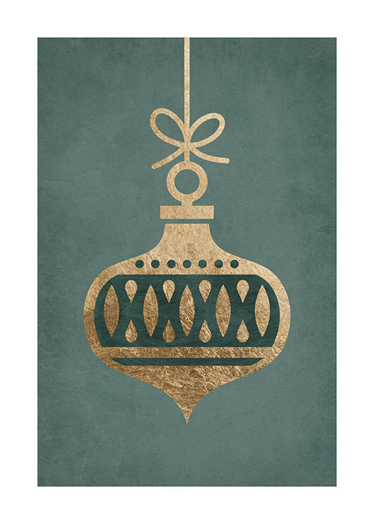  – Illustration of a Christmas bauble in gold with a decorative pattern against a green background