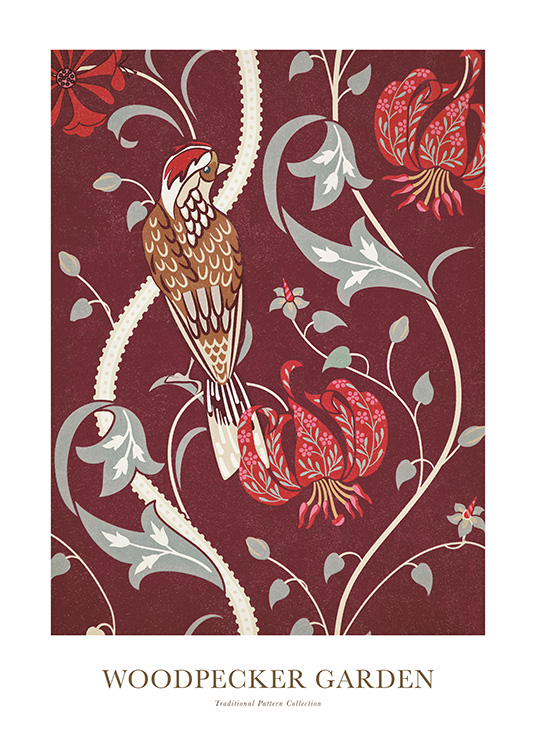 – Illustration of a little bird and a red and grey flower pattern on a red background