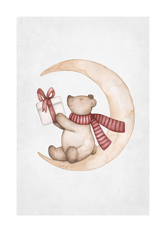 – Illustration of a little bear sitting on a moon, holding a Christmas gift and wearing a red scarf