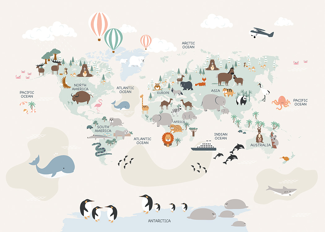  – Illustration with a world map and animals on the continents