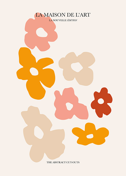 – Graphic illustration with pink, orange and beige cut out flowers on a beige background