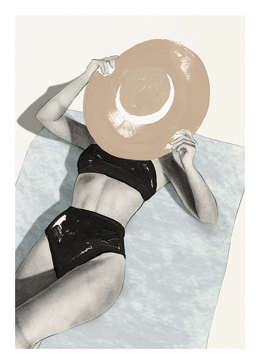 – Print of a woman sunbathing with a sunhat 