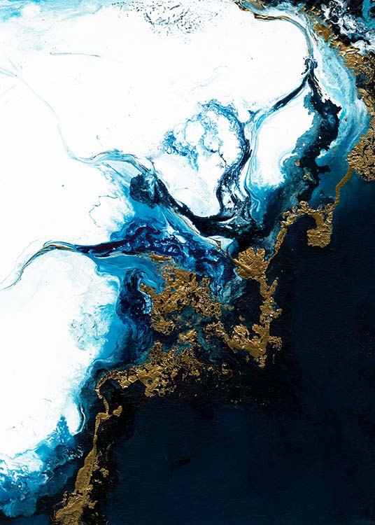  – Oil painting with abstract swirls in gold, blue and white