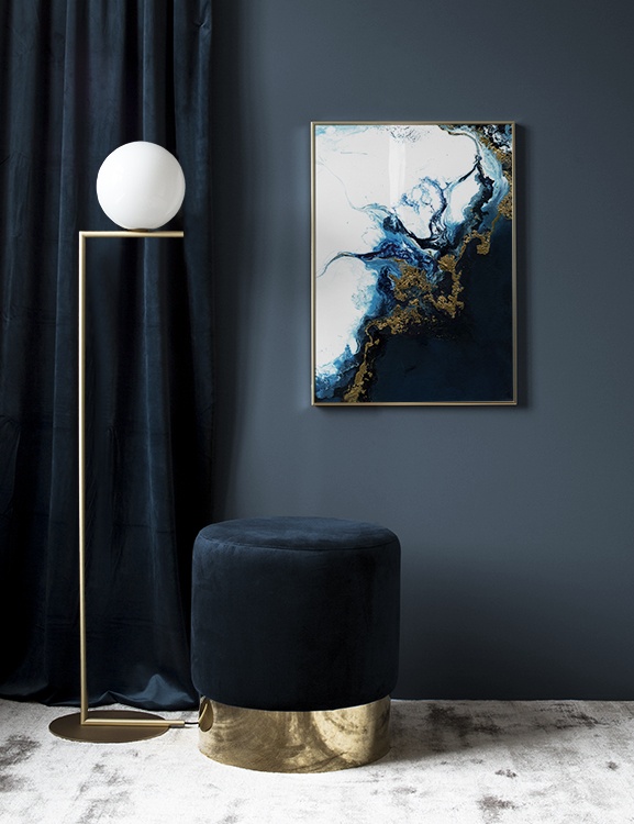  – Oil painting with abstract swirls in gold, blue and white