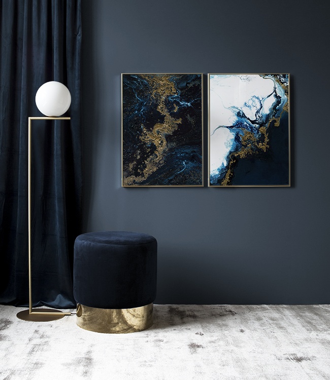  – Oil painting with abstract swirls in gold, blue and white