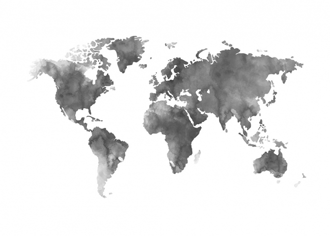  – Watercolour painting of a grey world map on a white background