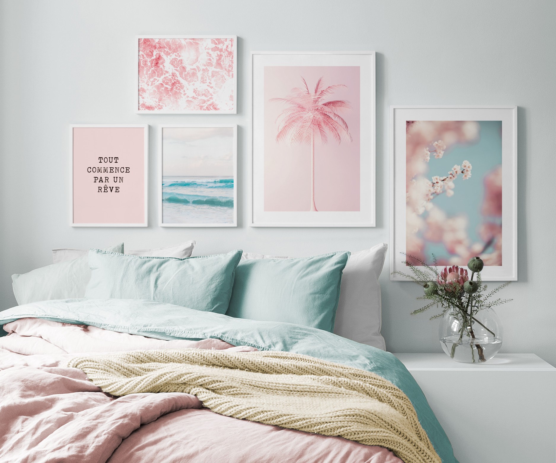 Bedroom with pastel colours, posters with flowers and pink palm