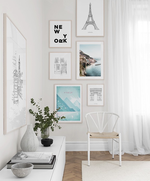 Gallery wall with travel prints