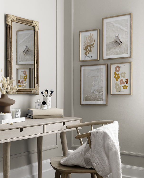 Coral Beach gallery wall Nature prints combined with illustrations in